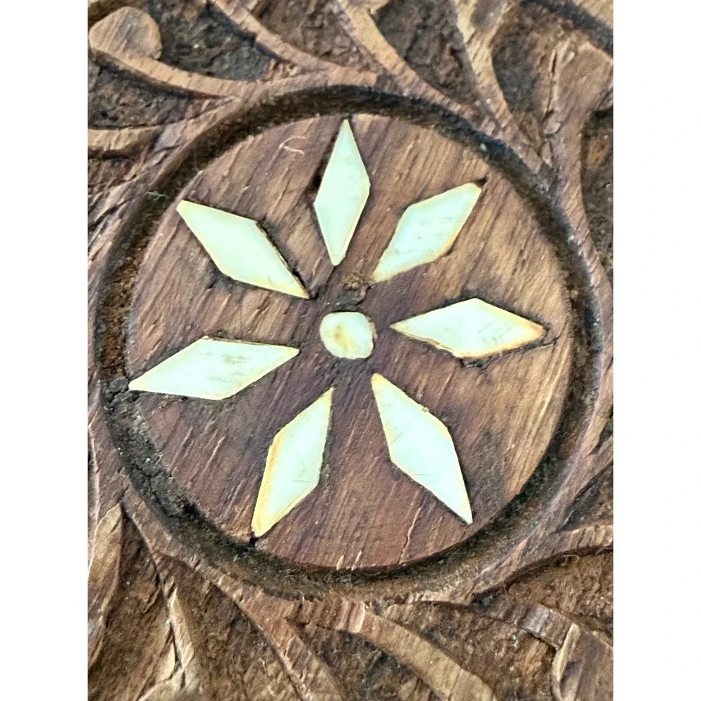 Vintage Busch Gardens Hand-Carved‎ Bone Inlay Wood Coaster Set - 6 Floral